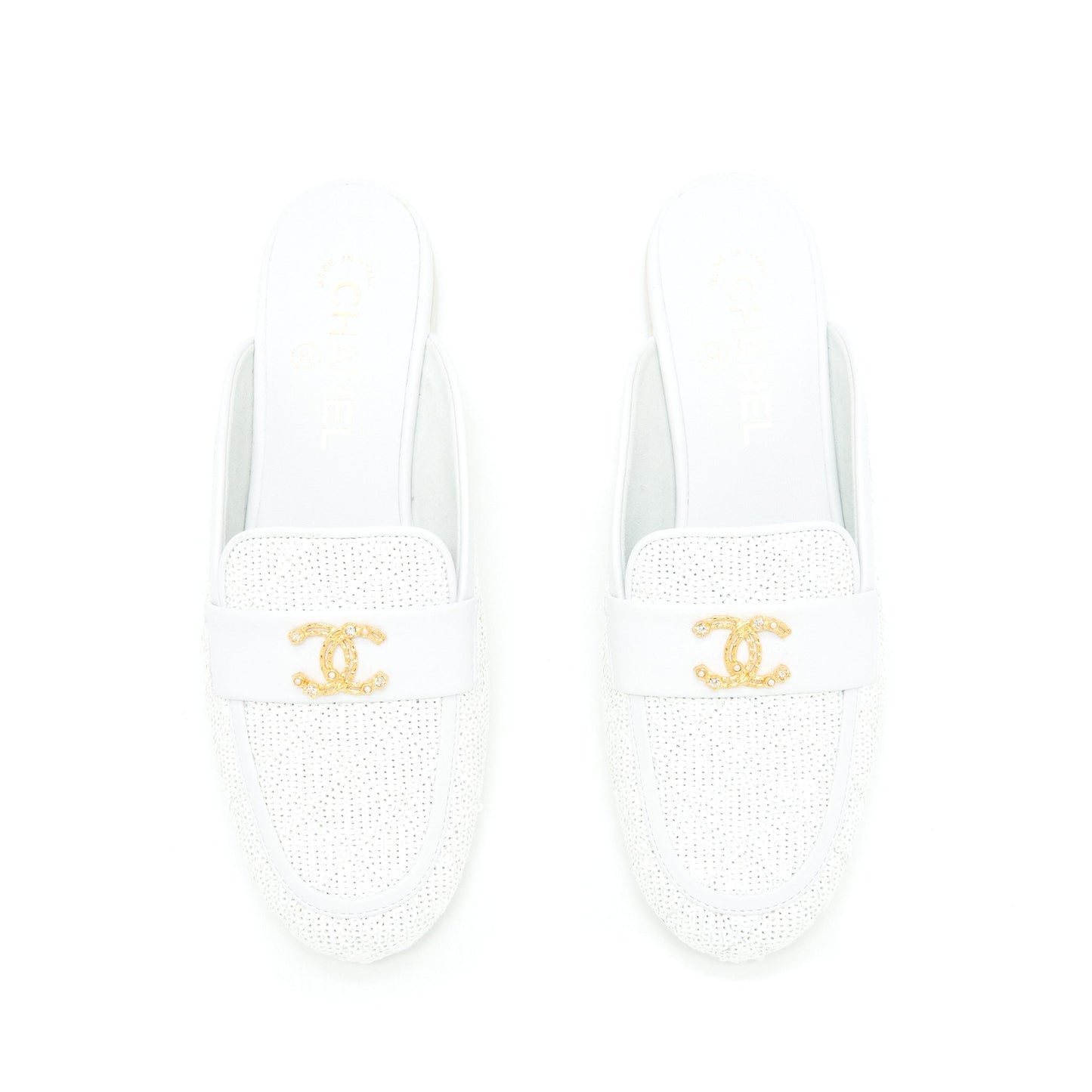 Chanel Size 38 CC Logo Sequins Lambskin Mule White GHW