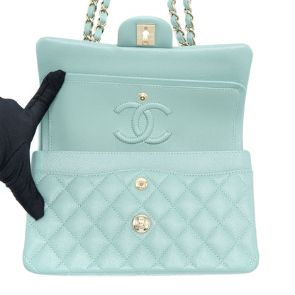 Chanel 22C Small Classic Double Flap Bag Caviar NG124 Greyish Green LGHW (Microchip)