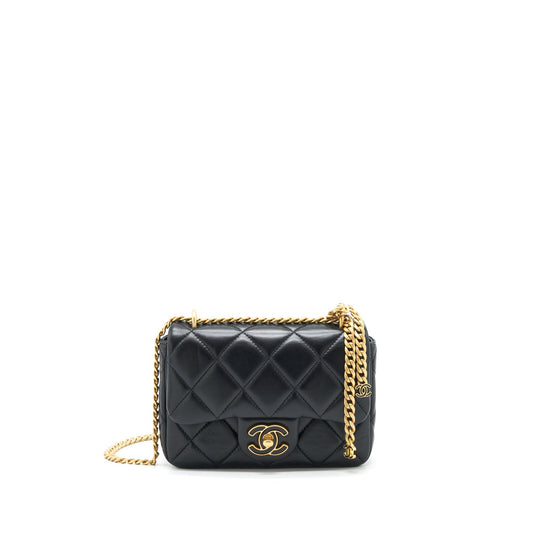 Chanel 22P Mini Square Flap Bag Lambskin Black Gold/Black Hardware (Microchip)