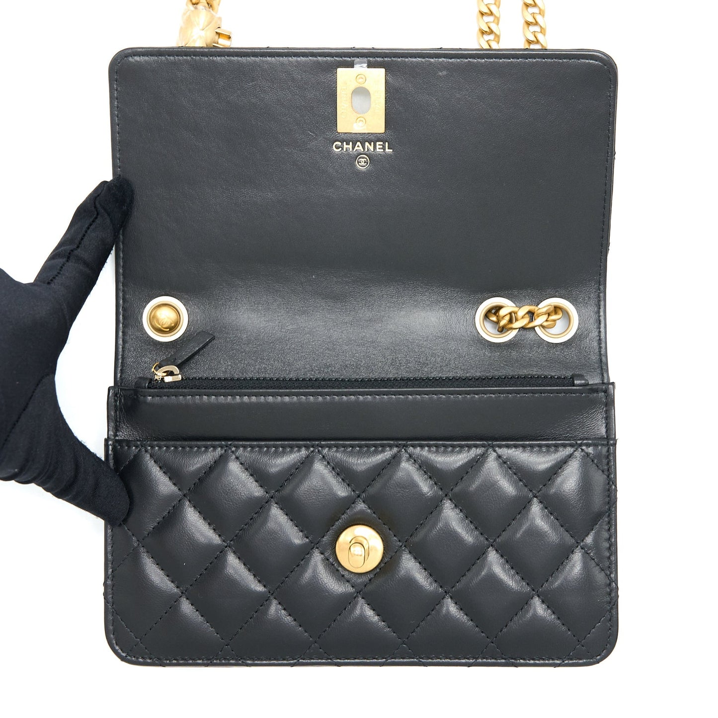 Chanel 22K Gold Pillar Wallet On Chain Lambskin Black Brushed GHW (Microchip)