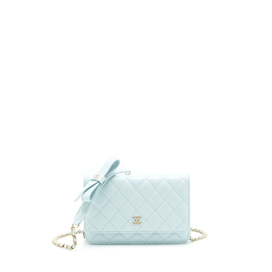 Chanel Ribbon Wallet on chain lambskin light blue LGHW