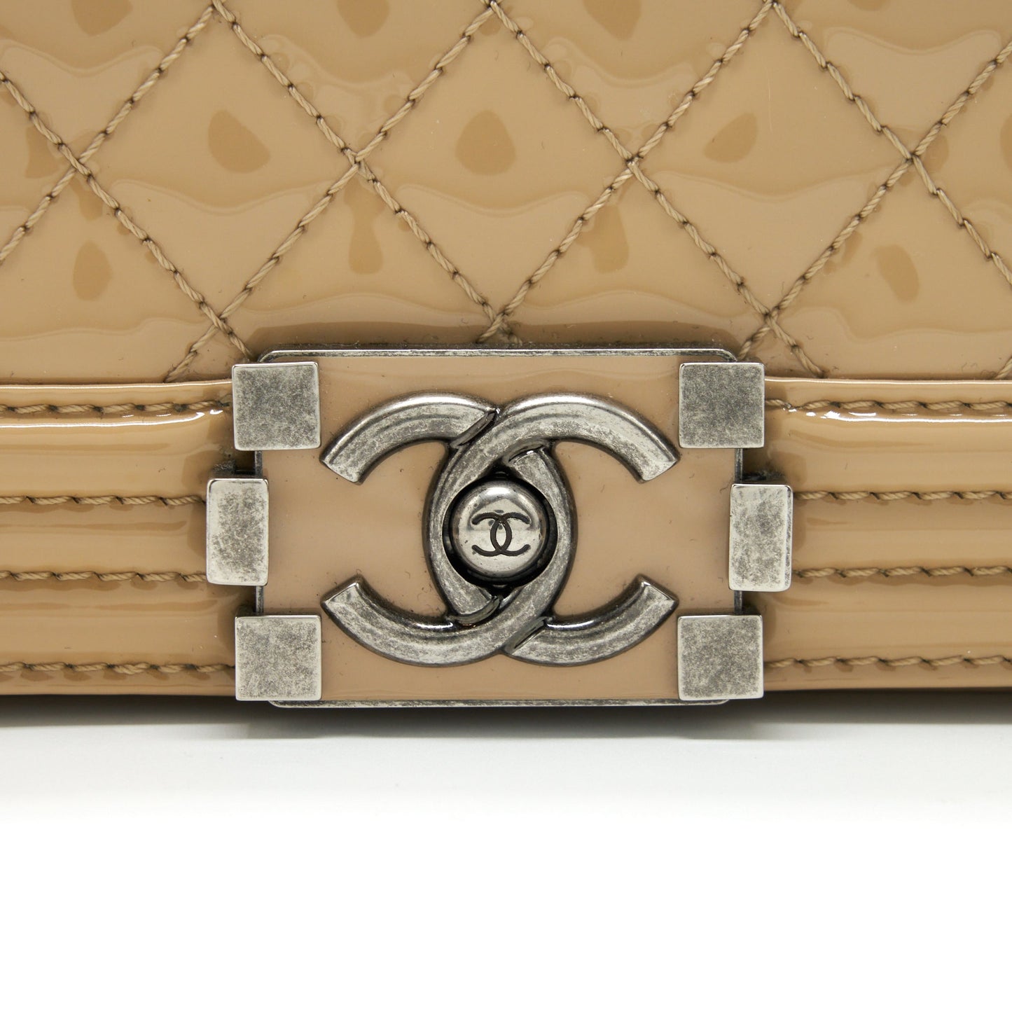 Chanel Medium Boy Patent Light Beige Ruthenium Sliver Hardware