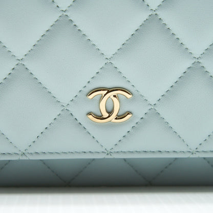 Chanel Ribbon Wallet on chain lambskin light blue LGHW