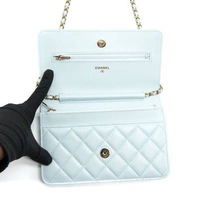 Chanel Ribbon Wallet on chain lambskin light blue LGHW
