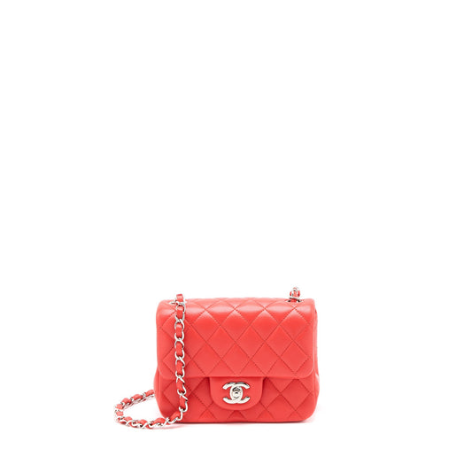 Chanel Mini Square Flap Bag Lambskin Orange Red SHW
