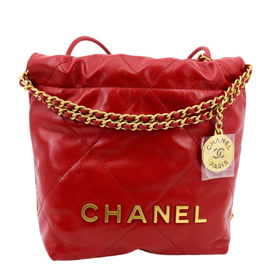 CHANEL 22 Mini Chain Shiny Calfskin Leather Shoulder Bag Red