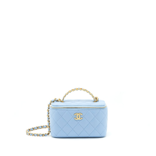Chanel 22S Long Vanity Case With Letter Handle Caviar Light Blue GHW