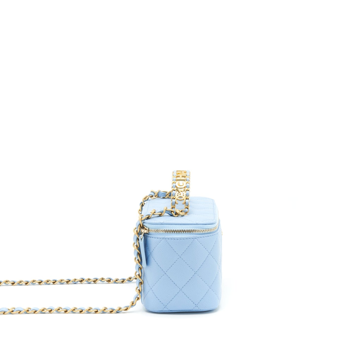 Chanel 22S Long Vanity Case With Letter Handle Caviar Light Blue GHW
