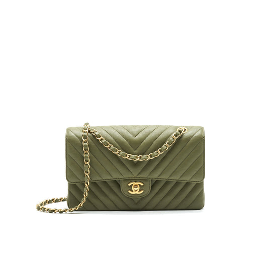 Chanel Chevron Medium Classic Double Flap Bag Olive-Green GHW