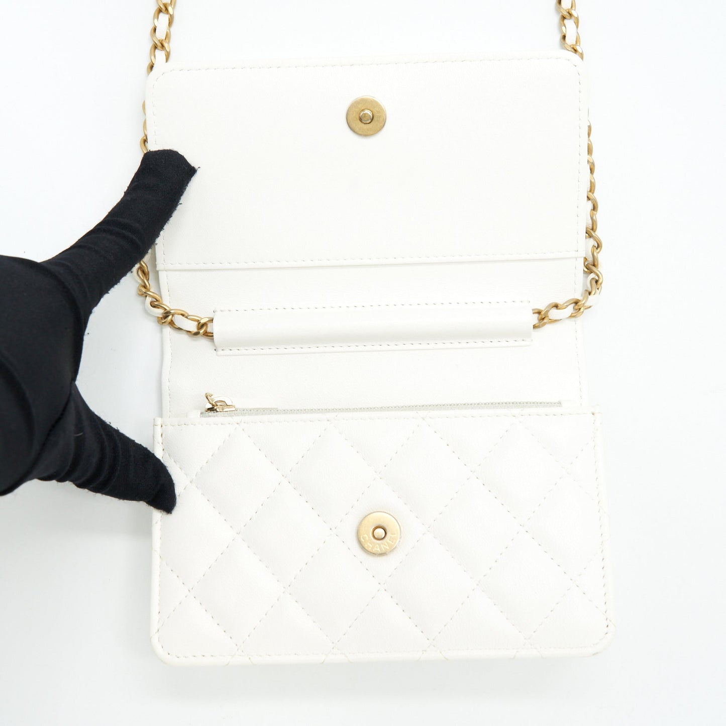 Chanel Small Wallet On Chain With Ribbon Chain Lambskin White GHW