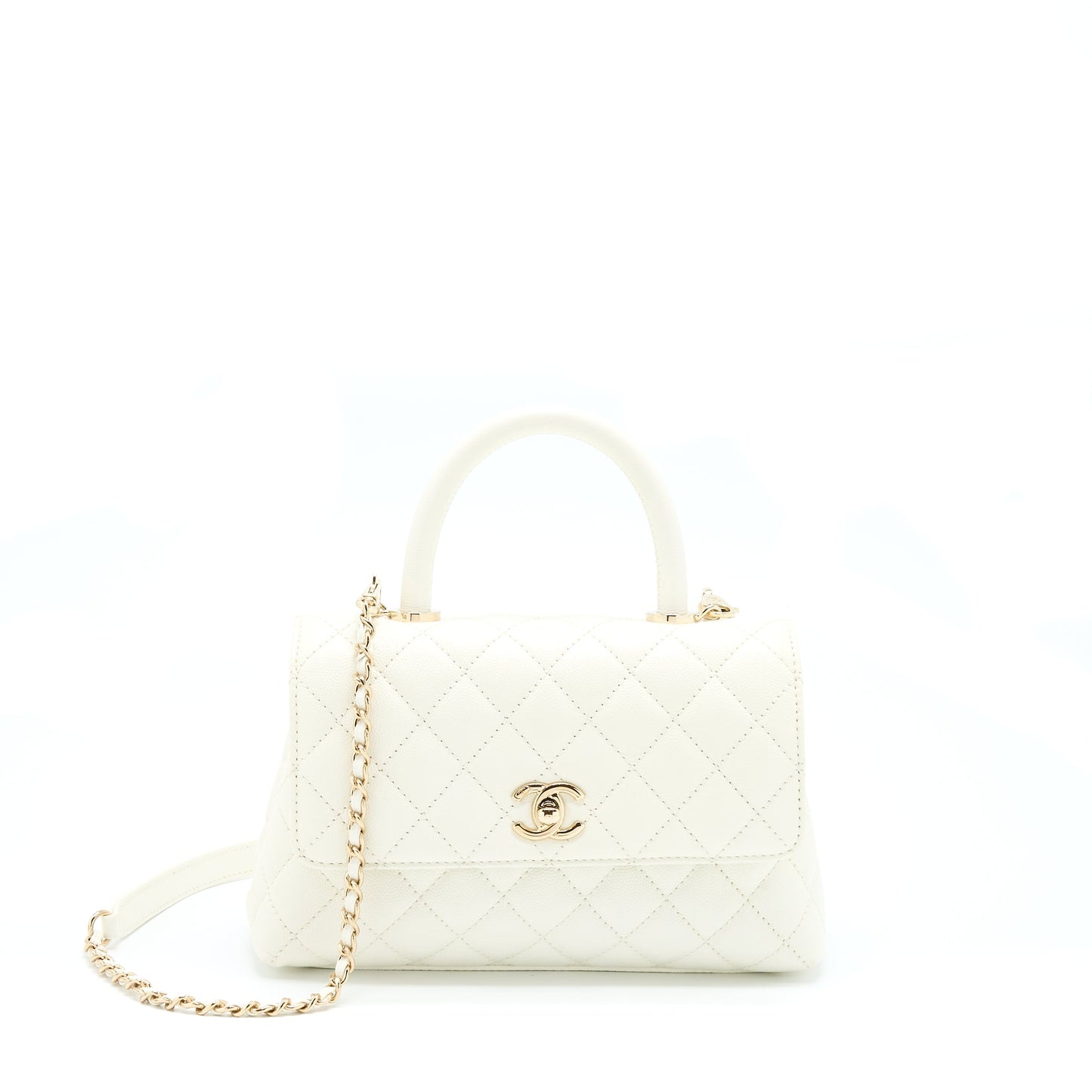 Chanel Small Coco Handle Caviar White LGHW (Microchip)