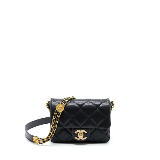 Chanel 22A Mini Square Flap Bag Caviar Black Brushed GHW (Microchip)