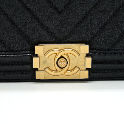 Chanel Chevron medium Boy Chanel Handbag Caviar Black GHW