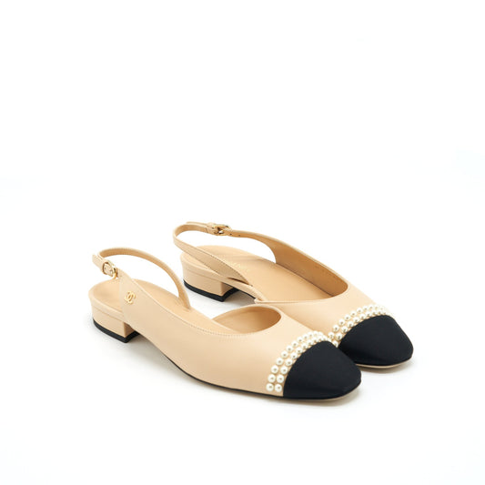Chanel 38.5C Slingback Flats Beige With Pearls