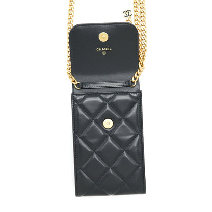Chanel 22P Vertical Mini Flap Phone Case Lambskin Black With Enamel And Gold Hardware