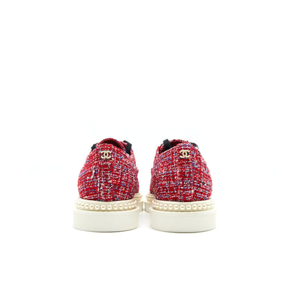 CHANEL Size 36.5 Tweed Lace-Up Pearls Flats Shoes