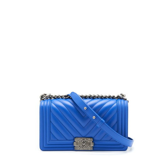 Chanel Medium Chevron Boy Bag Lambskin Blue Ruthenium Hardware