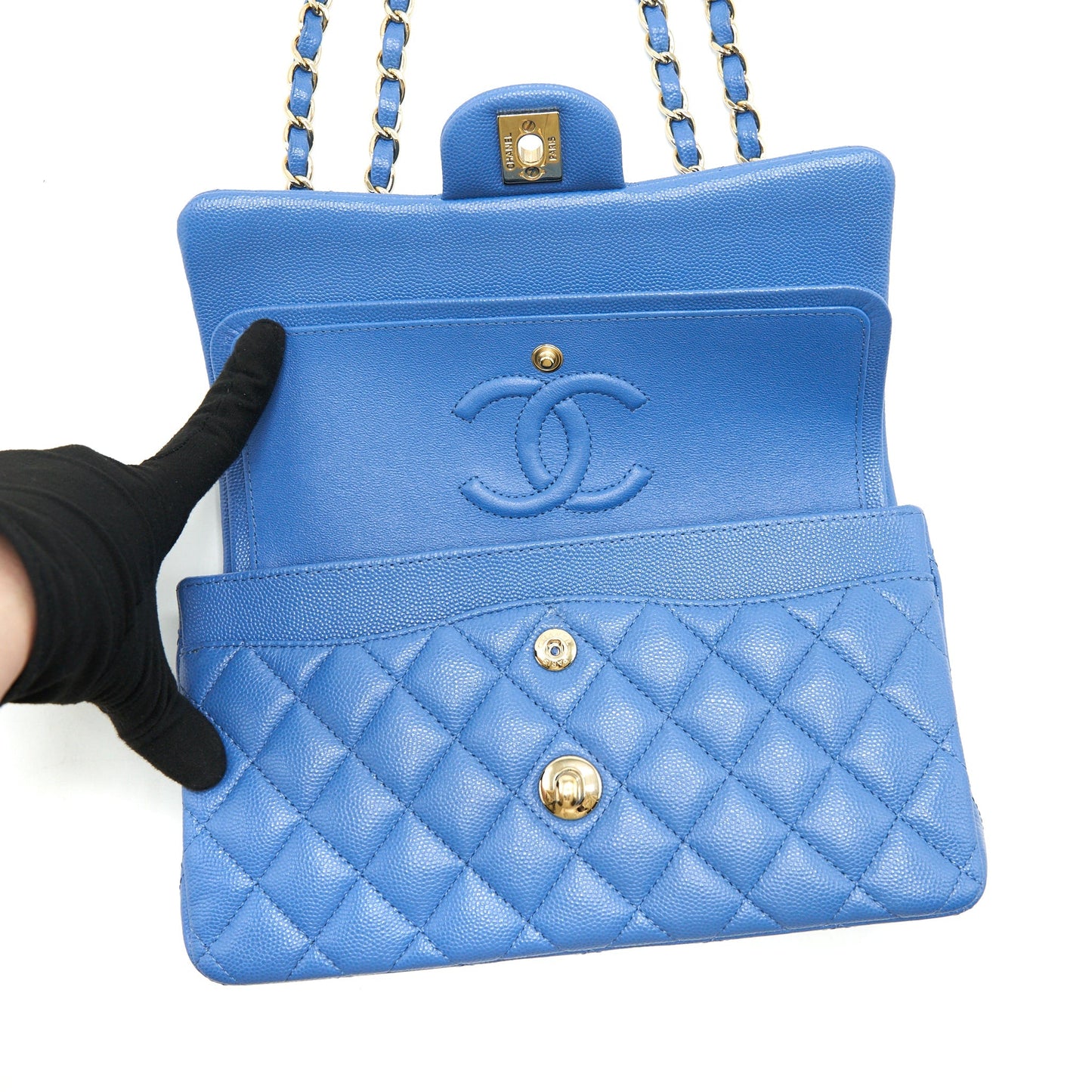 Chanel Small Classic double Flap Caviar Blue LGHW