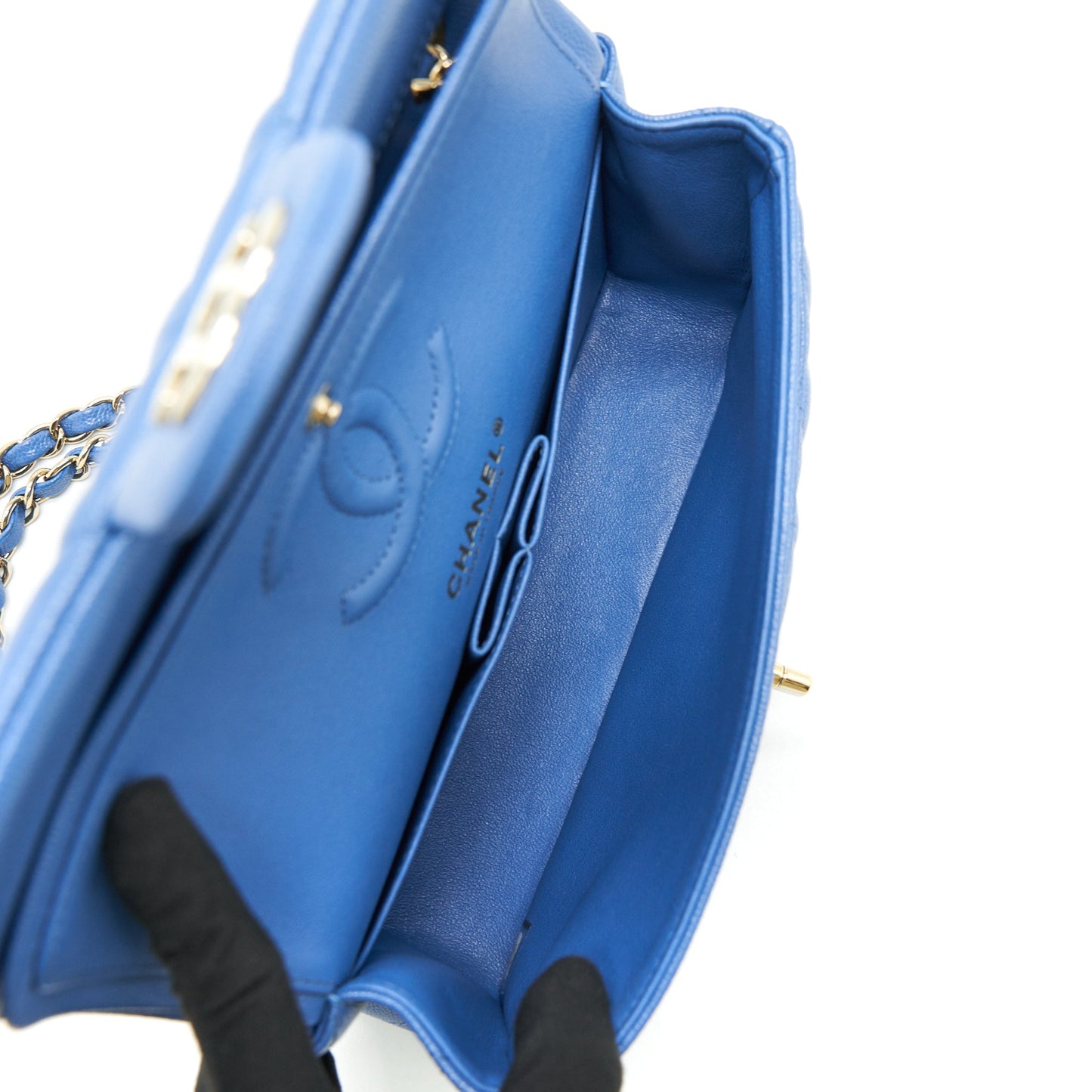 Chanel Small Classic double Flap Caviar Blue LGHW