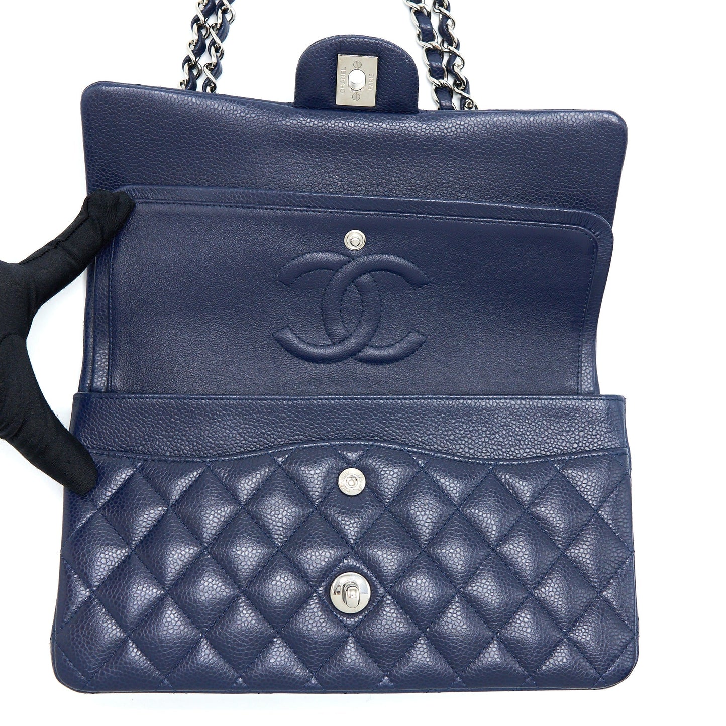 Chanel Medium Classic Double Flap Bag Caviar Navy Blue SHW