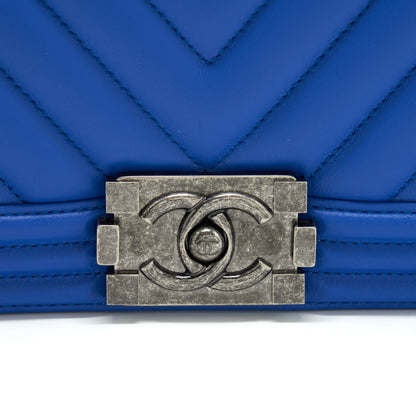 Chanel Medium Chevron Boy Bag Lambskin Blue Ruthenium Hardware