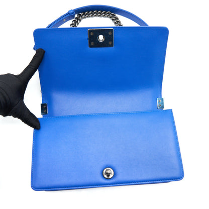Chanel Medium Chevron Boy Bag Lambskin Blue Ruthenium Hardware