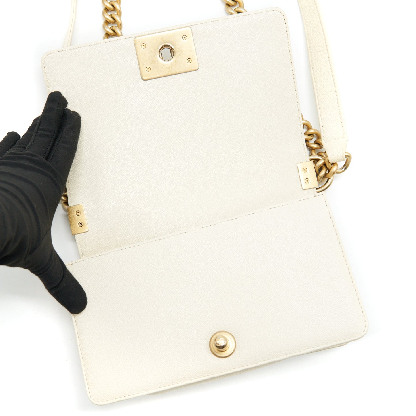 CHANEL SMALL BOY BAG CAVIAR LEATHER GHW IN WHITE