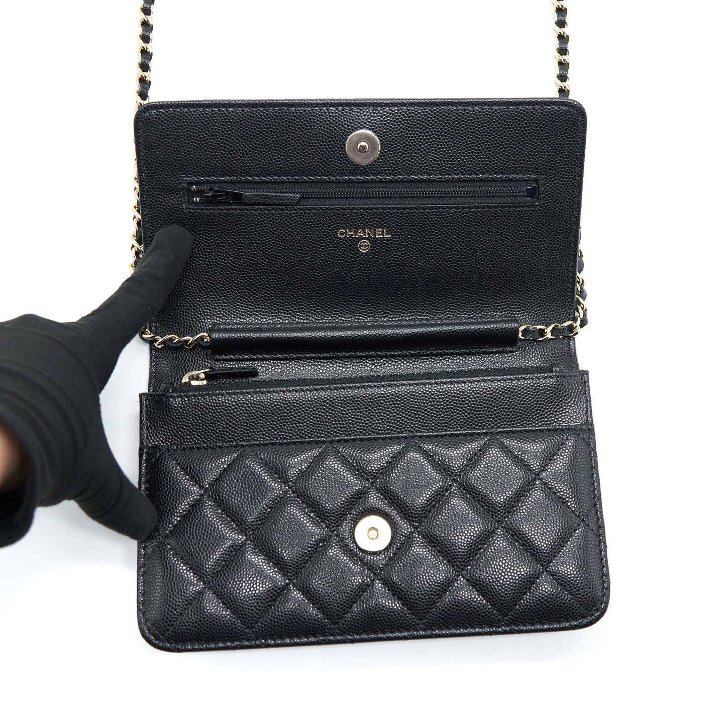 Chanel 22S Detailed CC Logo Wallet On Chain Caviar Black LGHW (Microchip)