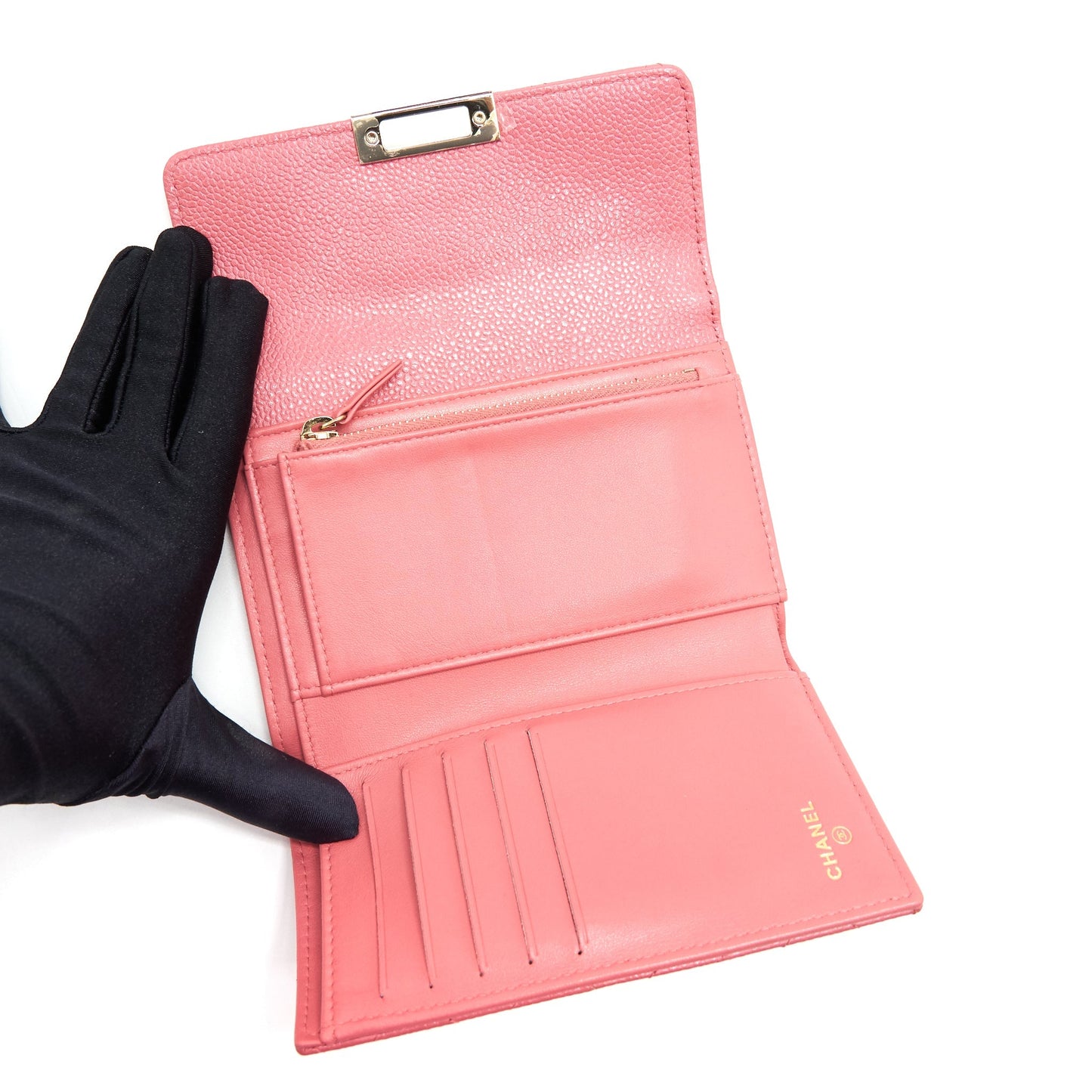 CHANEL CAVIAR MEDIUM FLAP WALLET ROSE PINK WITH GOLD CC LOGO