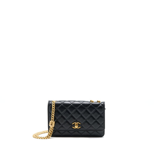 Chanel 22K Gold Pillar Wallet On Chain Lambskin Black Brushed GHW(Microchip)