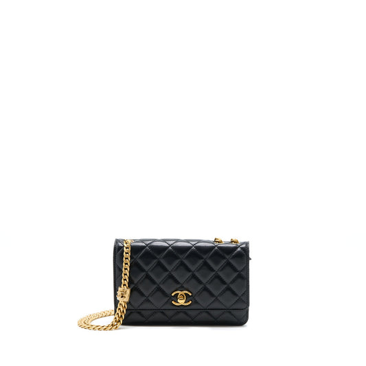 Chanel 22K Gold Pillar Wallet On Chain Lambskin Black Brushed GHW(Microchip)