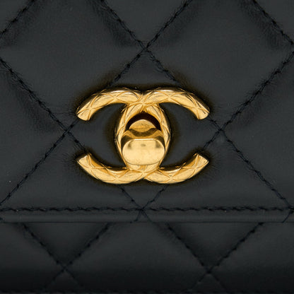 Chanel 22K Gold Pillar Wallet On Chain Lambskin Black Brushed GHW(Microchip)