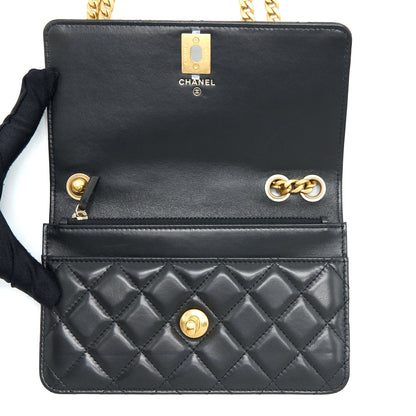 Chanel 22K Gold Pillar Wallet On Chain Lambskin Black Brushed GHW(Microchip)