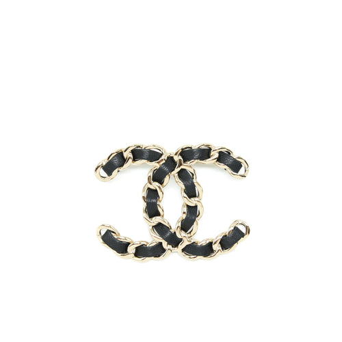 Chanel CC Logo Leather Chain Brooch Light Gold Tone