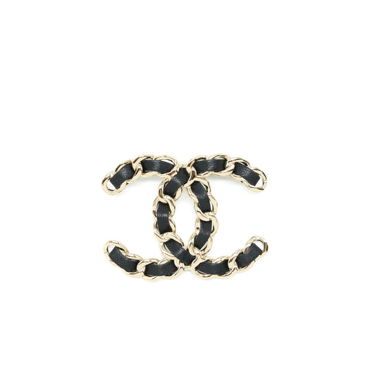 Chanel CC Logo Leather Chain Brooch Light Gold Tone