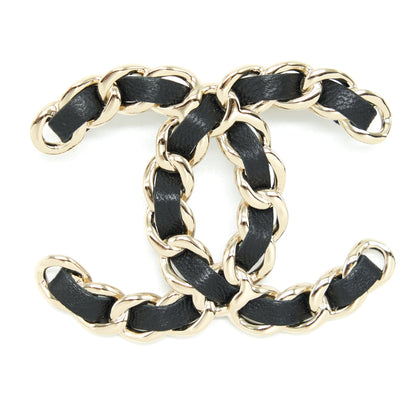 Chanel CC Logo Leather Chain Brooch Light Gold Tone