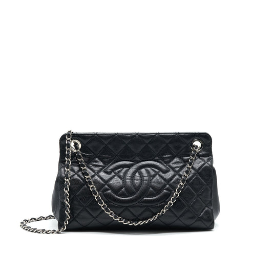 CHANEL QUILTED LEATHER TOTE BAG WITH CHAIN IN CARVIAR BLACK SHW