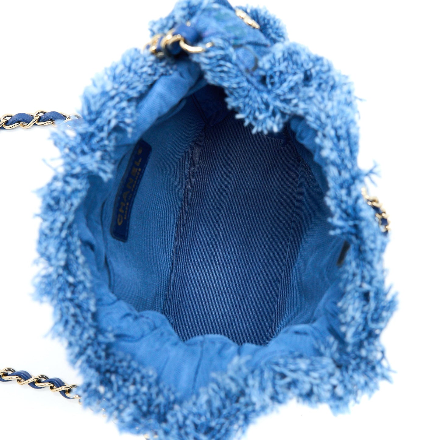 Chanel 22P Small Blue Denim Bucket Bag LGHW (Microchip)