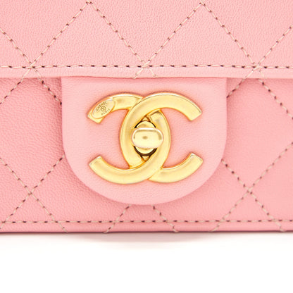 Chanel quilted Pearl Chain Goat Skin flap Bag PINK GHW