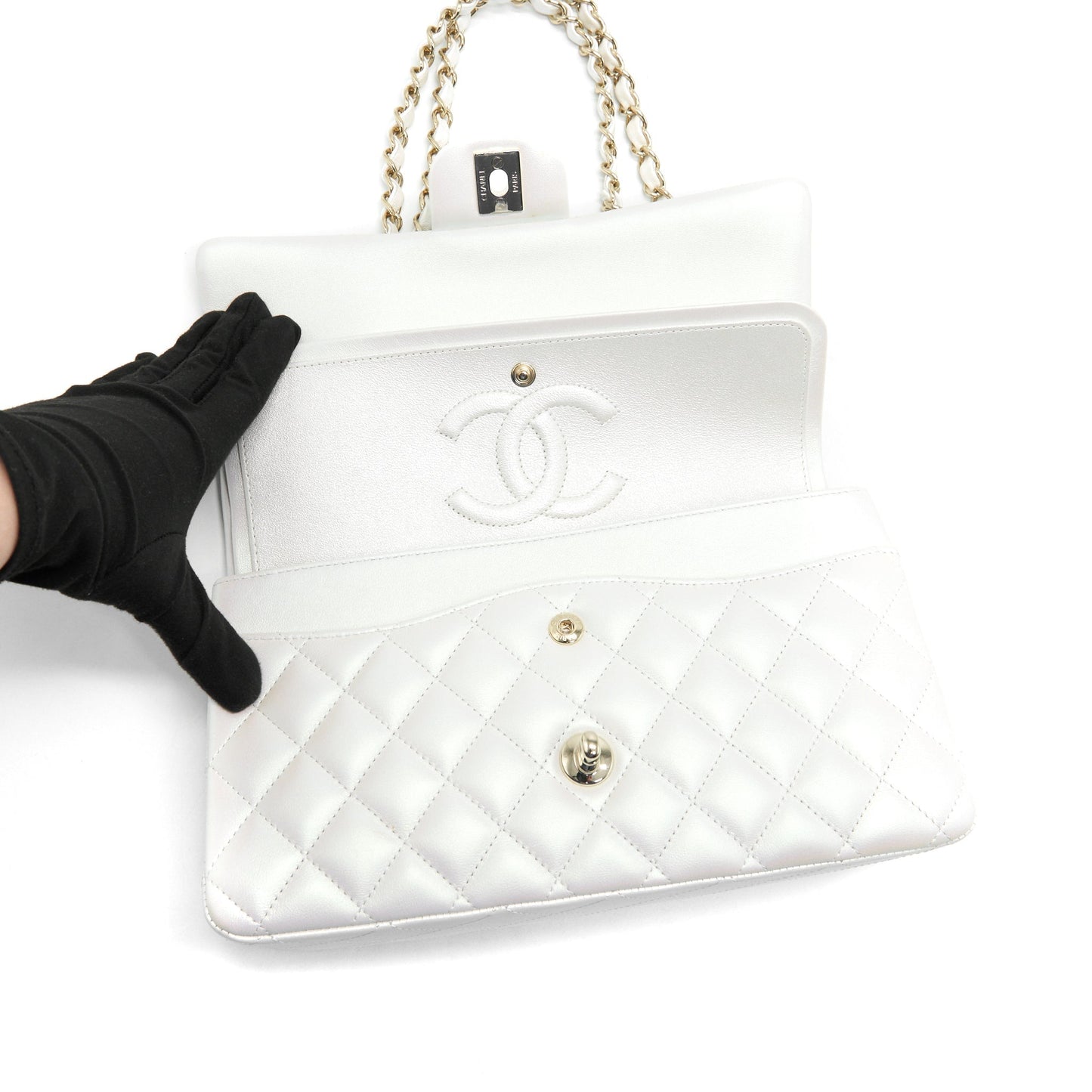 Chanel medium S21 iridescent white classic bag