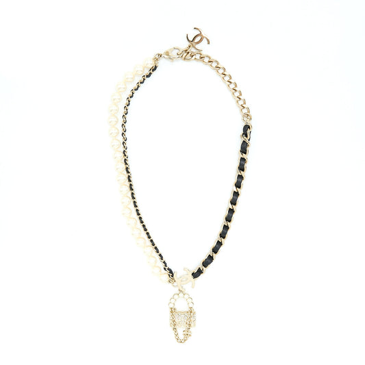 Chanel Pearl And Bag Charm Choker Light Gold Tone