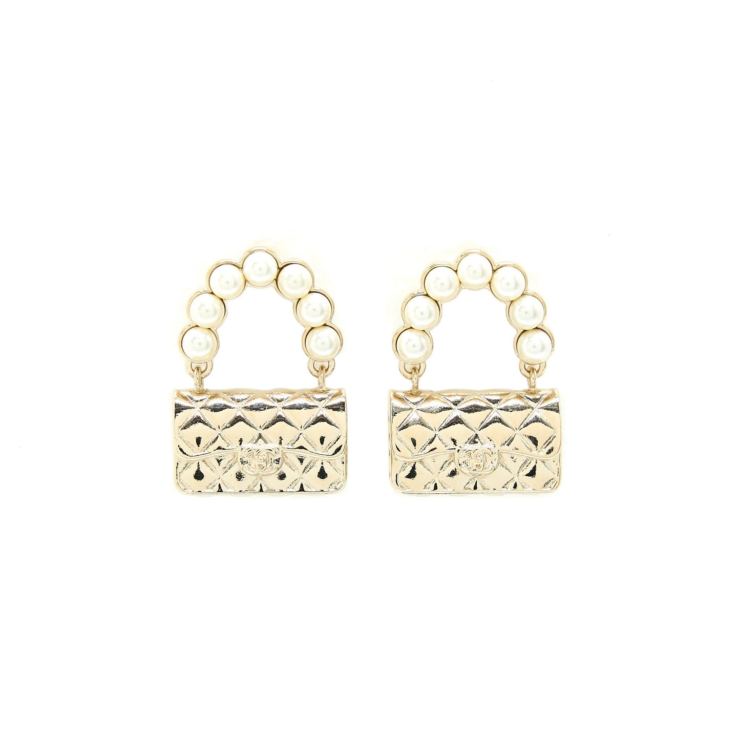Chanel Pearl And Bag Earring Light Gold Tone