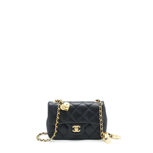 Chanel seasonal Mini Rectangular Flap Bag Heart Charm Chain Lambskin Black GHW (Microchip)