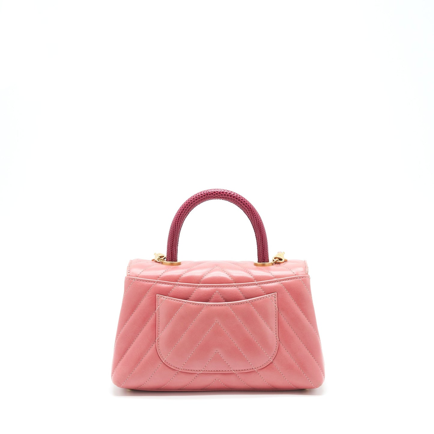 Chanel Small Coco Handle Chevron Calfskin With Lizard Handle Pink GHW