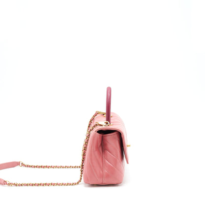 Chanel Small Coco Handle Chevron Calfskin With Lizard Handle Pink GHW