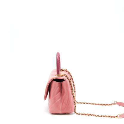Chanel Small Coco Handle Chevron Calfskin With Lizard Handle Pink GHW