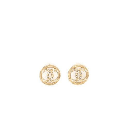 Chanel Round CC Logo Crystal and Pearl Earrings GHW