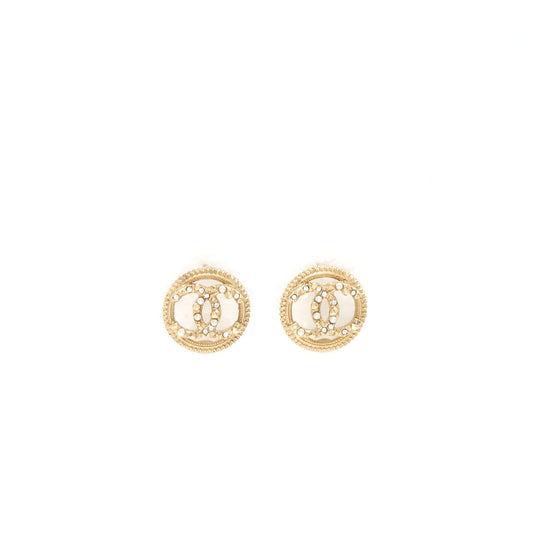 Chanel Round CC Logo Crystal and Pearl Earrings GHW