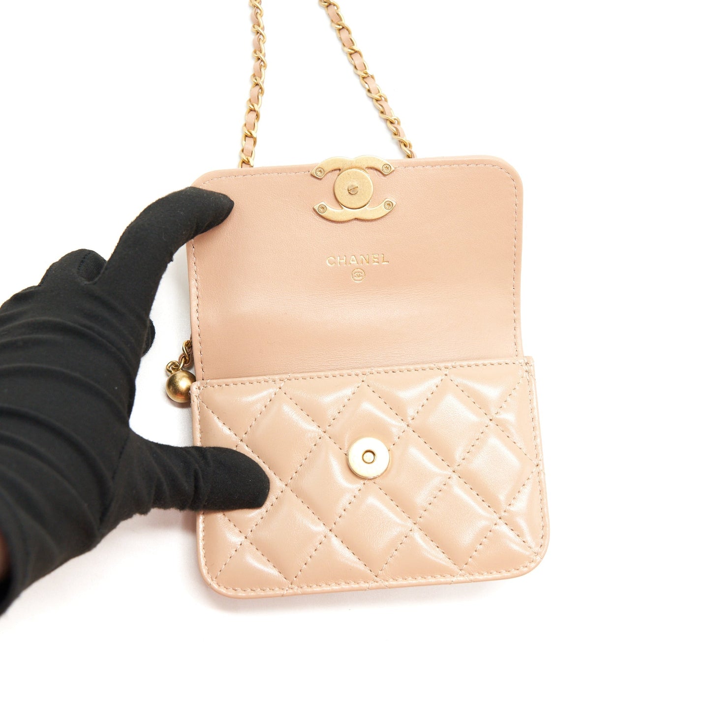 Chanel 21A Flap Coin Purse with Chain beige