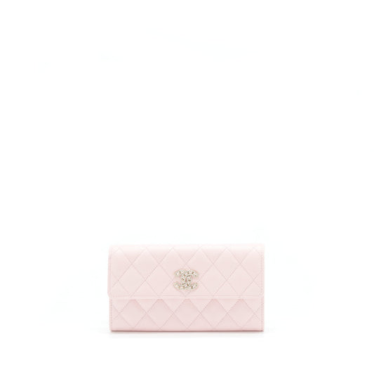 Chanel 22S detailed logo flap long wallet caviar light pink with LGHW